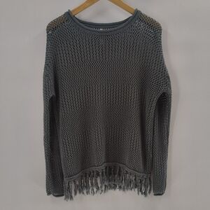 Mur Mur Sweater Size Large Green Crochet Look Long sleeve Sheer Mesh Fringe Hem